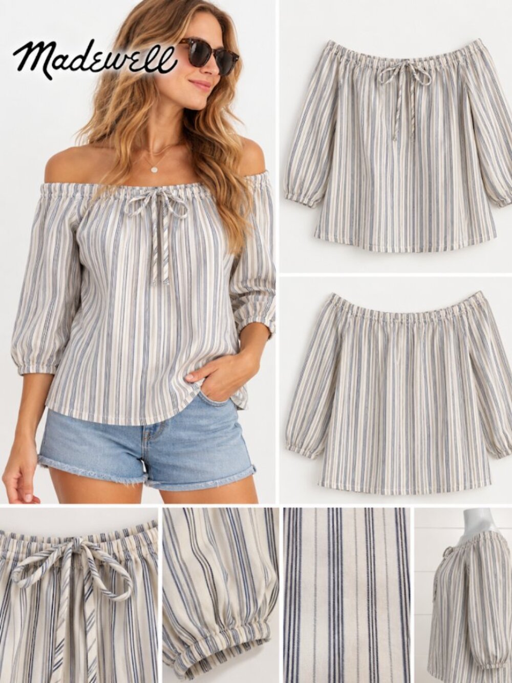 Madewell Shirt Blue White Striped Off Shoulder 3/4 Sleeve Cotton Women's Large